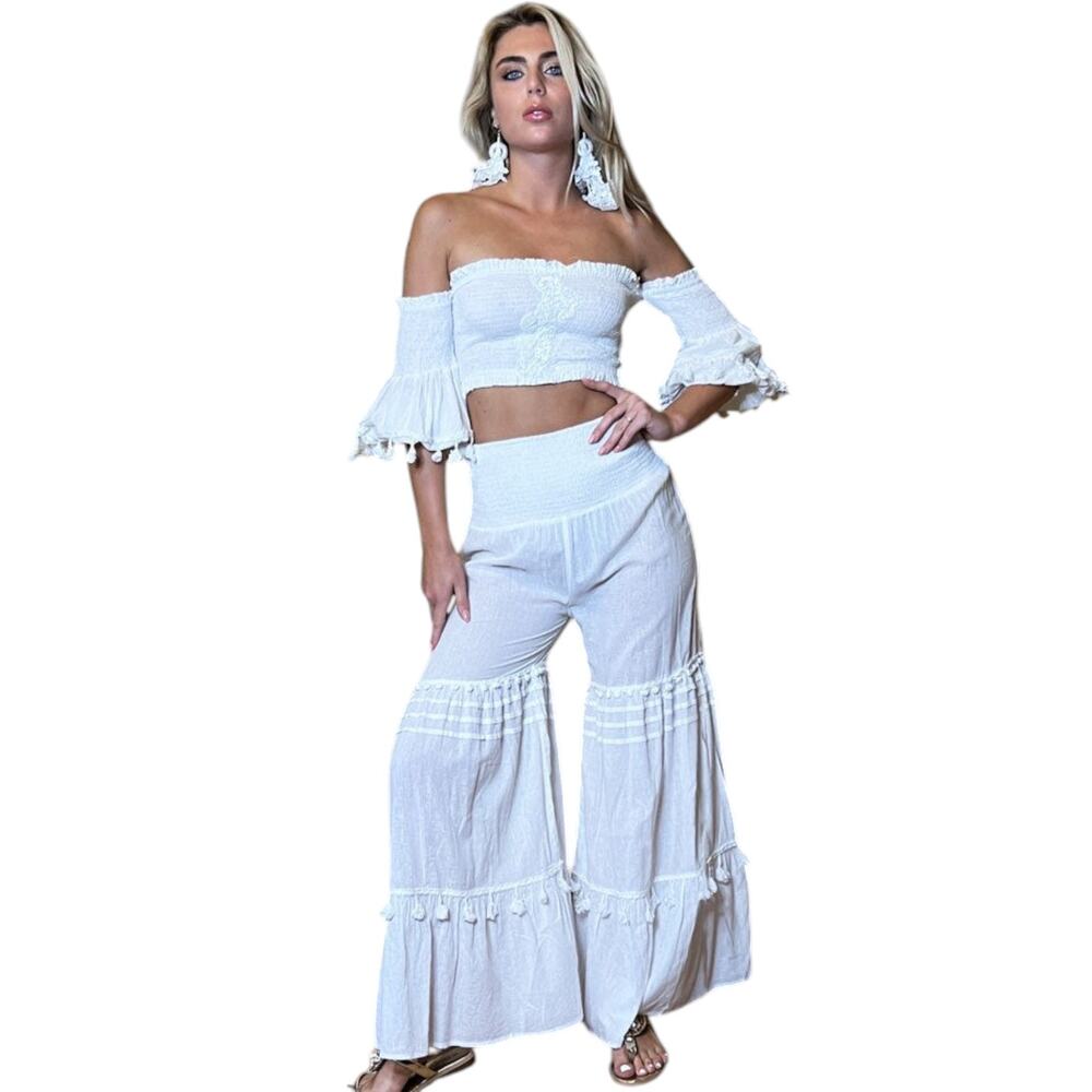 Antica Santoria Crop Top Pants Wide Leg Boho Resortwear Tambour Embroidery